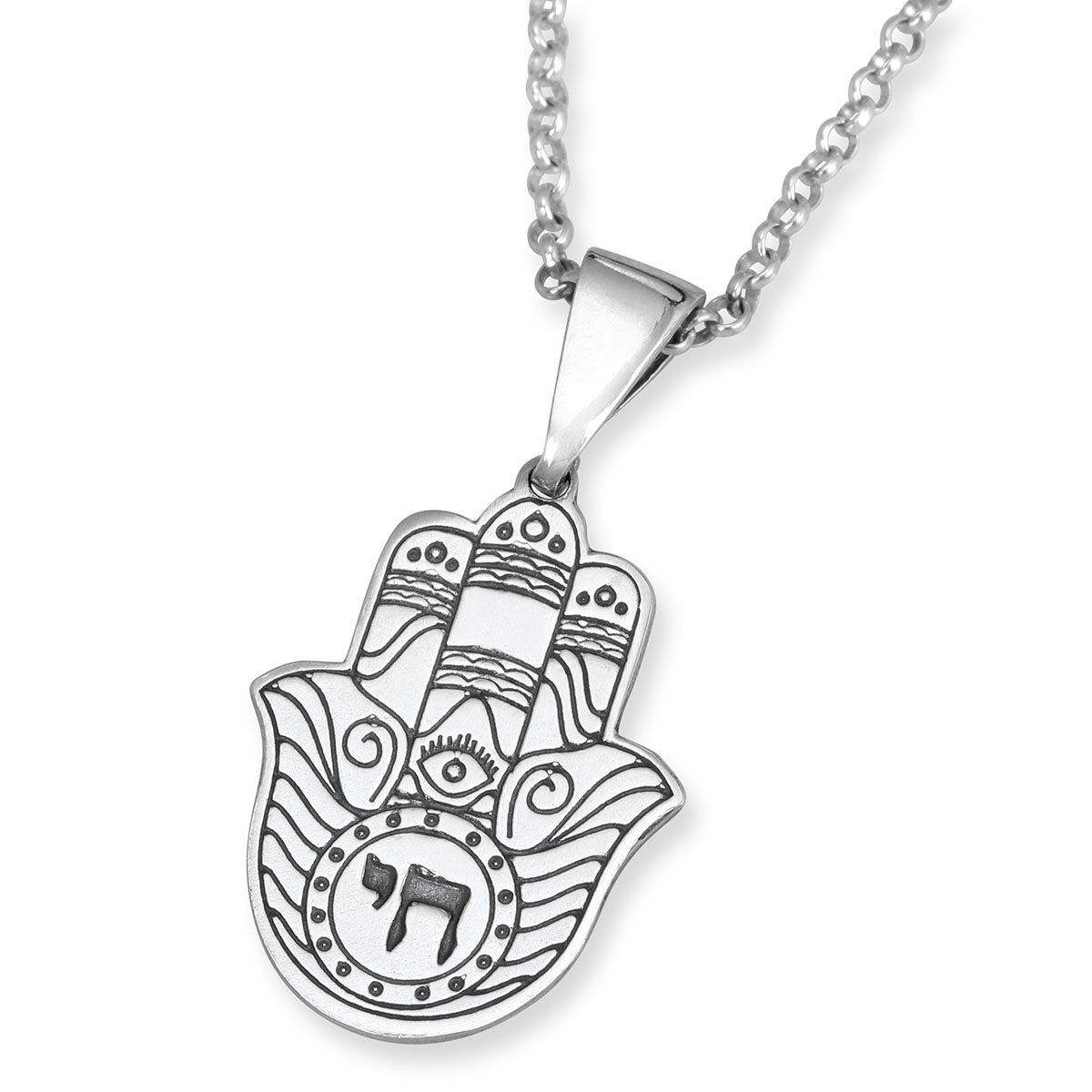 Sterling Silver Hamsa Necklace with Chai main product photo