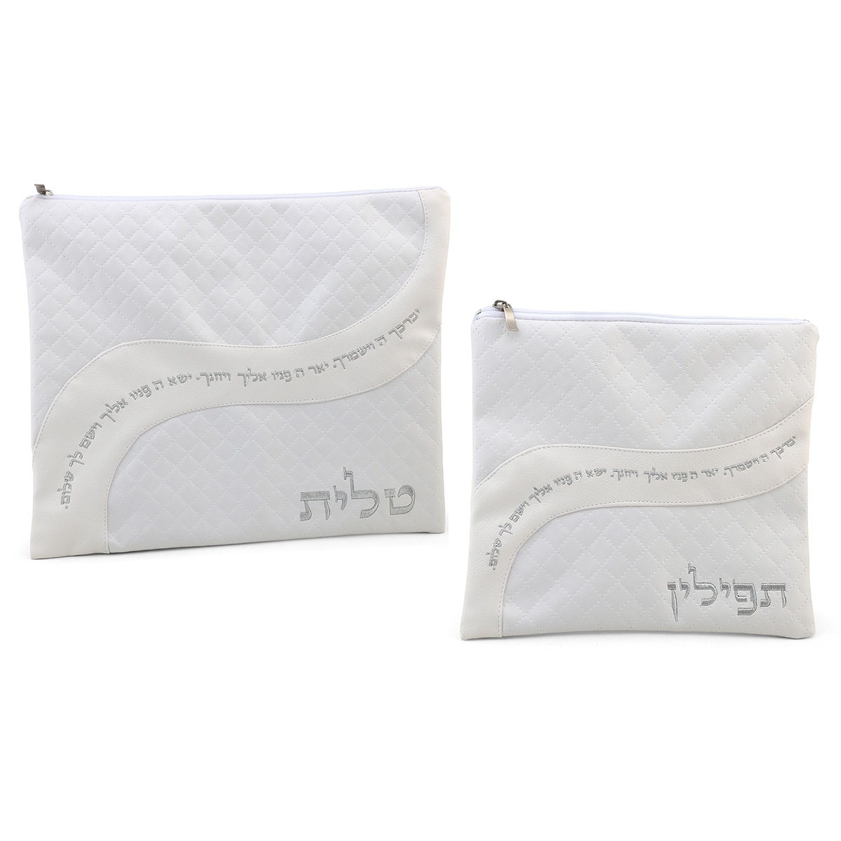 White Faux Leather Tallit and Tefillin Bag Set with Priestly Blessing Design main product photo