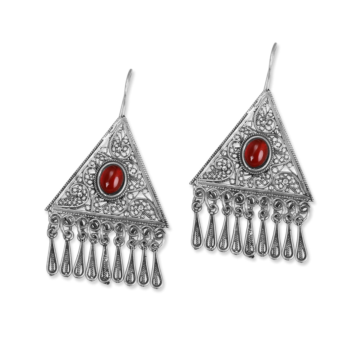 Handcrafted Sterling Silver Filigree Earrings With Teardrops and Red Carnelian Stones main product photo