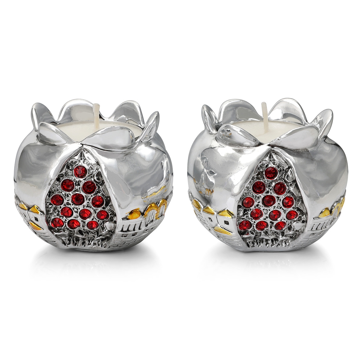 Silver Pomegranate Candlesticks with Jewels and Golden Highlights - Jerusalem main product photo