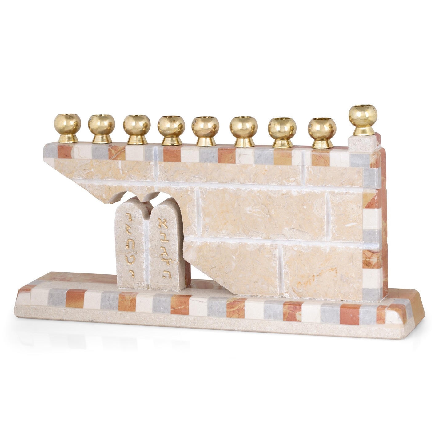 Jerusalem Stone Hanukkah Menorah with Cut-Out 10 Commandments - Mosaic main product photo