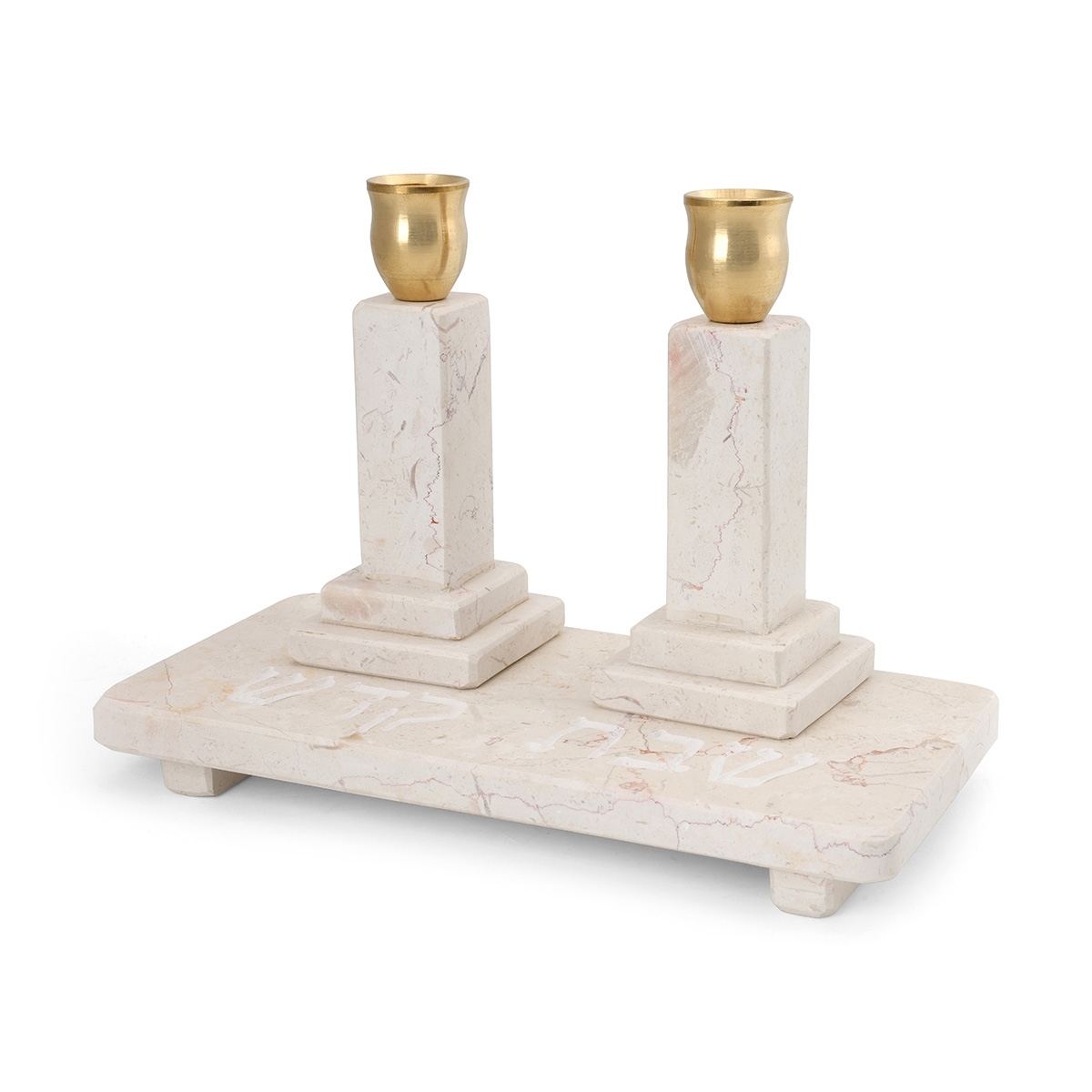 Royal White Jerusalem Stone Three-Piece Shabbat Candlesticks Set main product photo