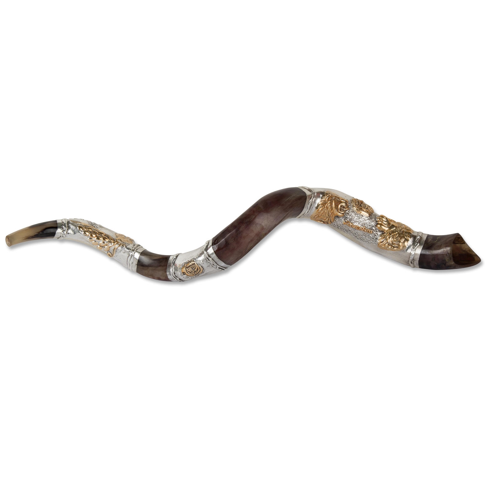 Sterling Silver Plated Yemenite Kudu Shofar - Lion Design (Choice of Sizes) main product photo