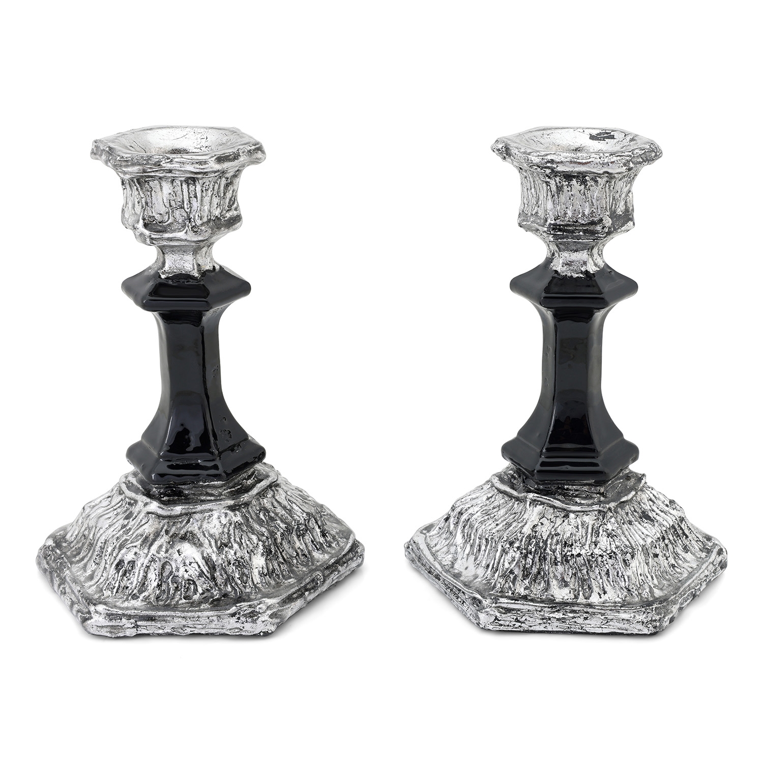 Black Glass and Sterling Silver-Plated Shabbat Candlesticks with Wide Base main product photo
