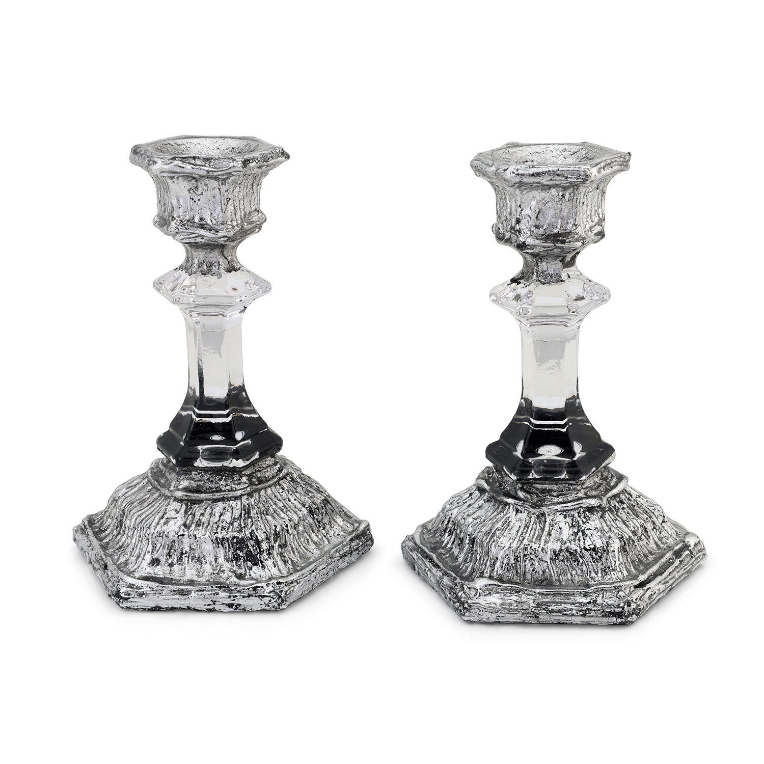 Glass and Sterling Silver-Plated Shabbat Candlesticks with Wide Base main product photo