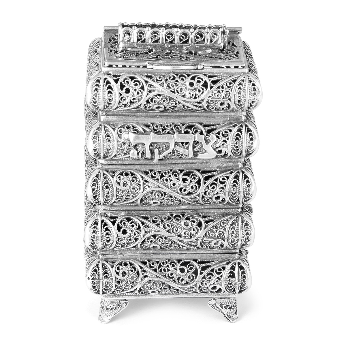 Traditional Yemenite Art Handcrafted Sterling Silver Filigree Tzedakah Box With Stacked Design main product photo