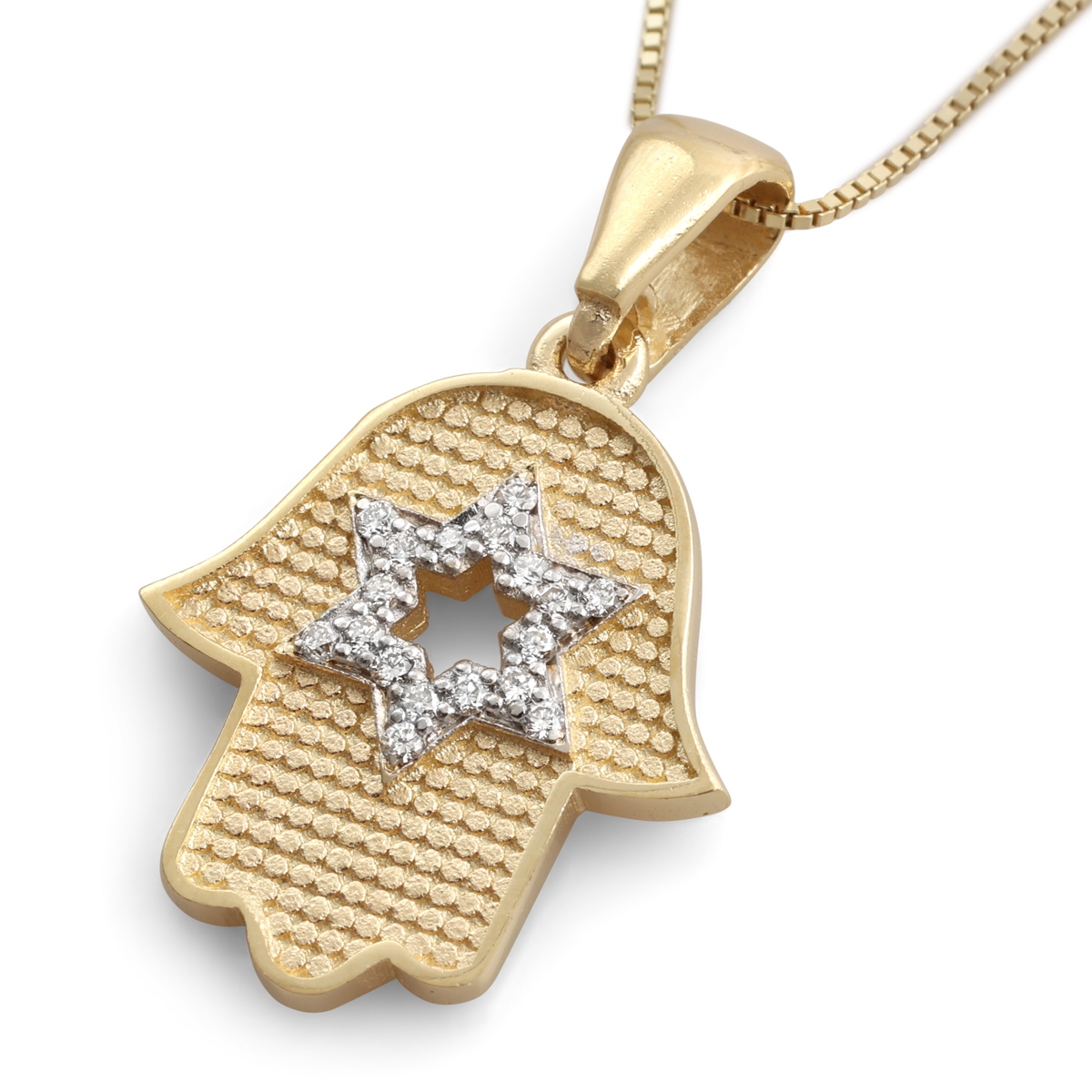 14K Yellow Gold Hamsa Pendant Necklace With White Diamond Star of David Design main product photo