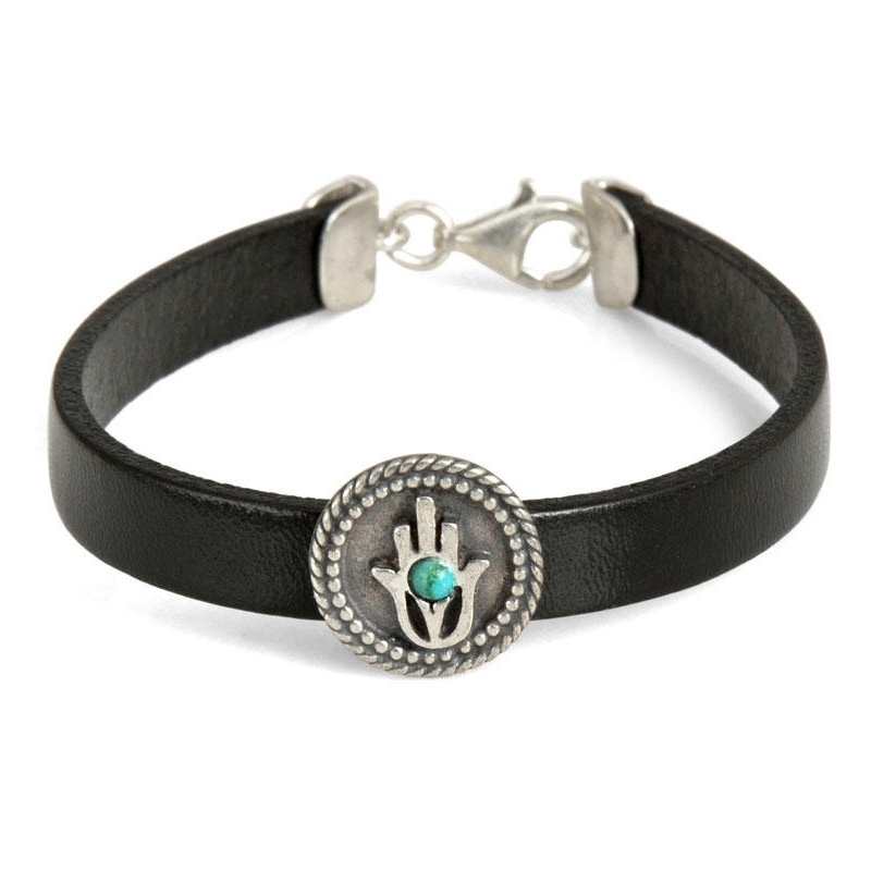 Sterling Silver and Leather Unisex Hamsa Bracelet with Gemstone (2 Color Options) main product photo