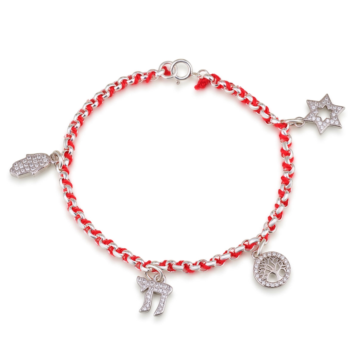 Sterling Silver and Red String Kabbalah Bracelet With Various Jewish Charms main product photo