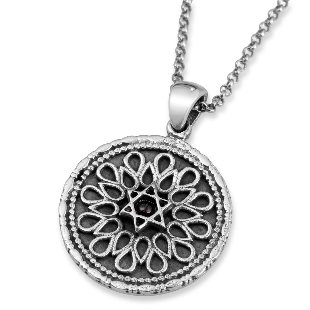 Sterling Silver Decorative Psalm 91 with Star of David Necklace with Choice of Turquoise/Garnet Stone main product photo