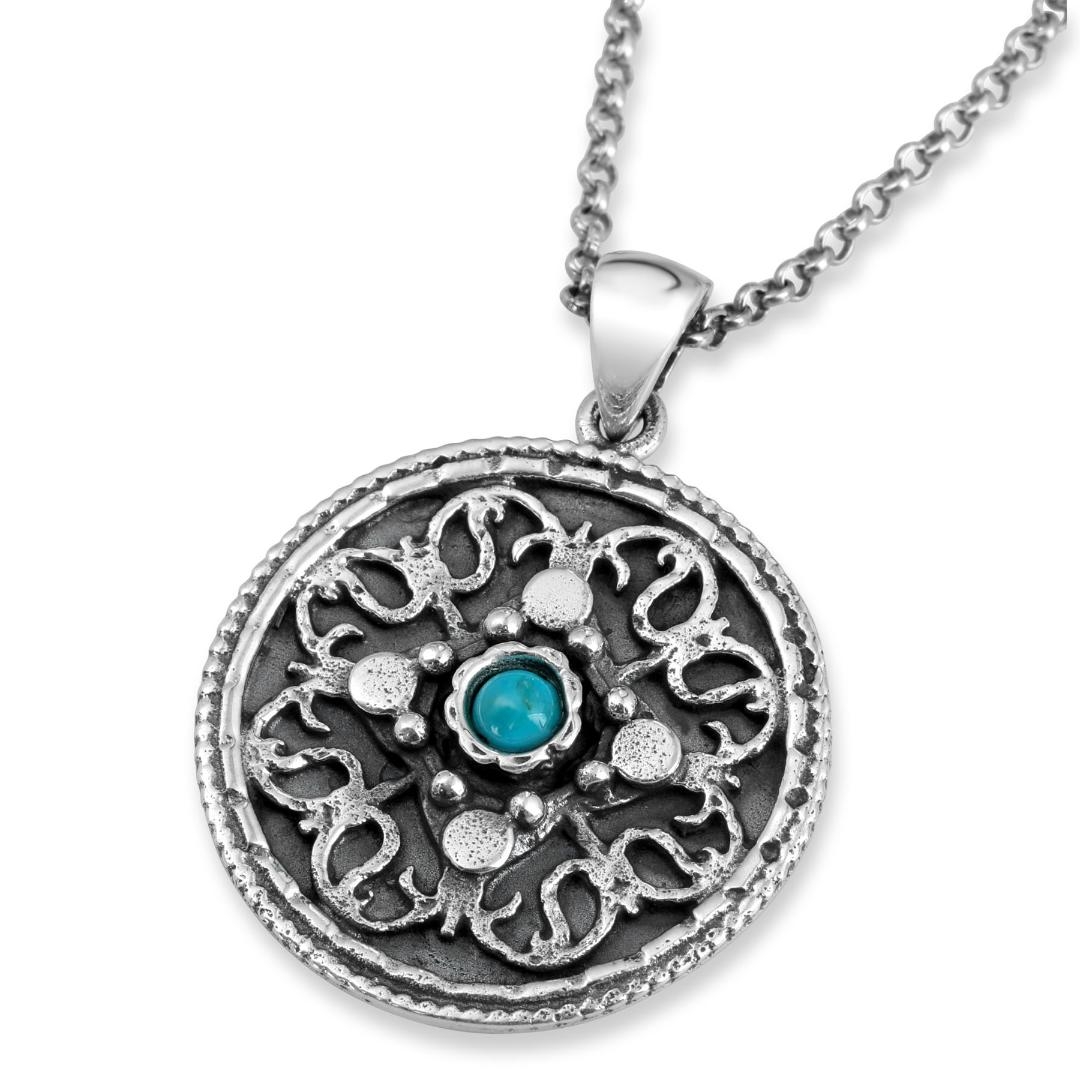 Sterling Silver Decorative Shema Yisrael Necklace with Choice of Turquoise/Garnet Stone main product photo