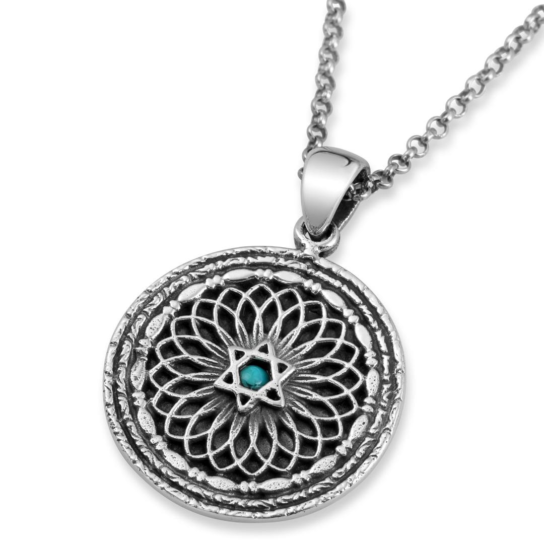 Sterling Silver Decorative Star of David & Priestly Blessing Necklace with Choice of Turquoise/Garnet Stone main product photo