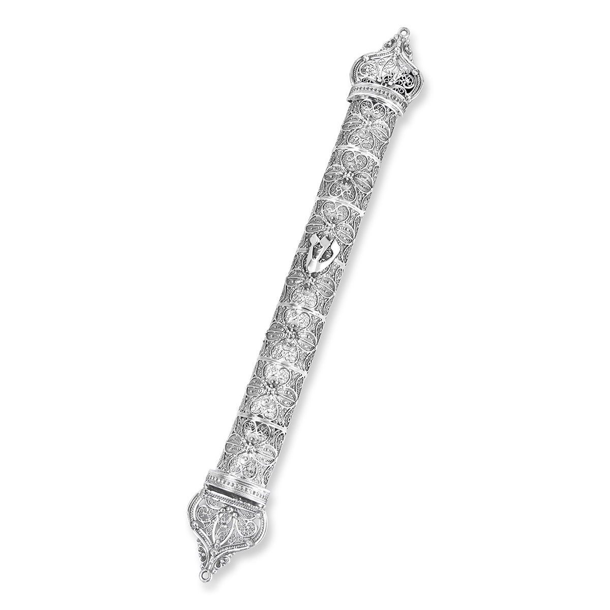 Traditional Yemenite Art Extra Large Handcrafted Sterling Silver Mezuzah Case With Ornate Floral Design main product photo