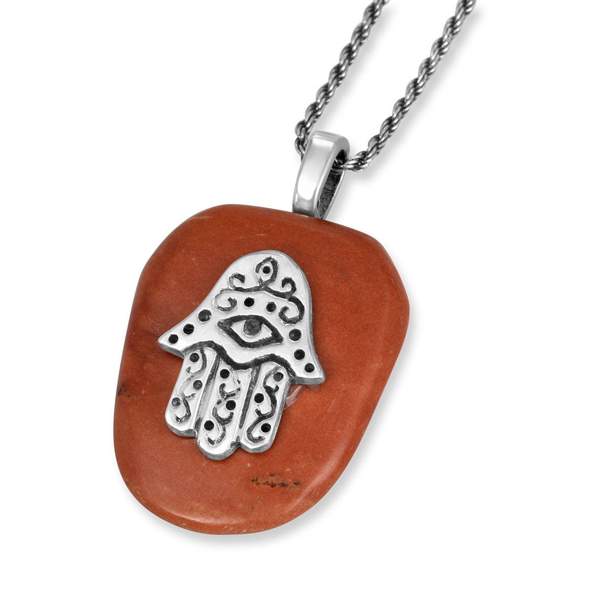 Hamsa Evil Eye Jerusalem Stone and 925 Sterling Silver Necklace main product photo