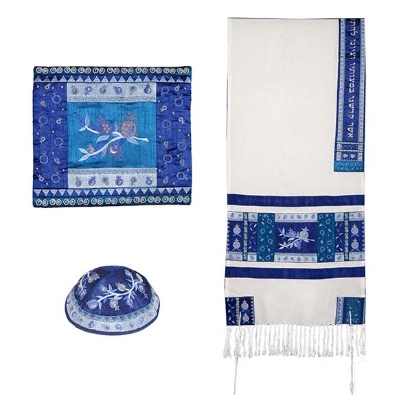 Yair Emanuel Full Embroidered Raw Silk Tallit with Pomegranates Design (Blue/White) main product photo