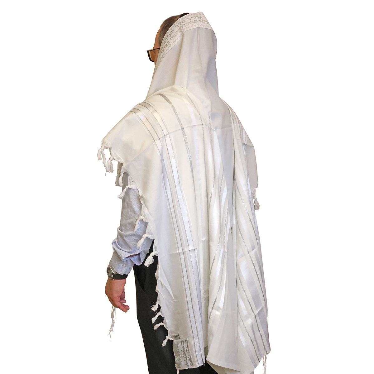 Talitnia Traditional Pure Wool Jewish Wedding Tallit - White and Silver Stripes main product photo