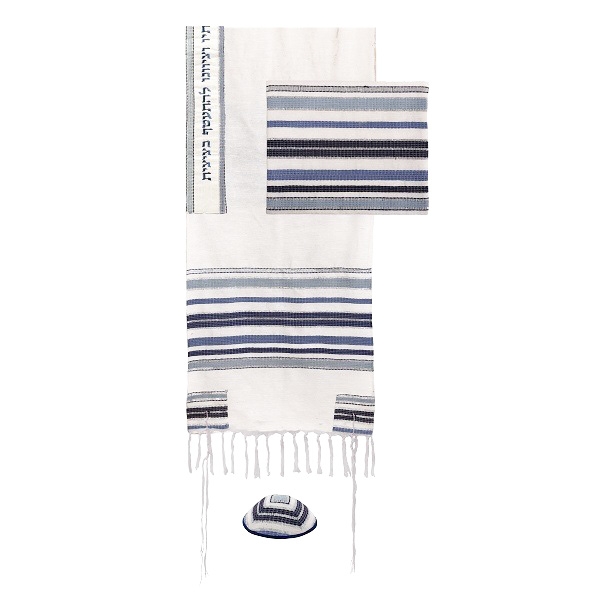 Yair Emanuel Blue Stripes Hand-Woven Tallit (Prayer Shawl) with Matching Bag & Kippah main product photo