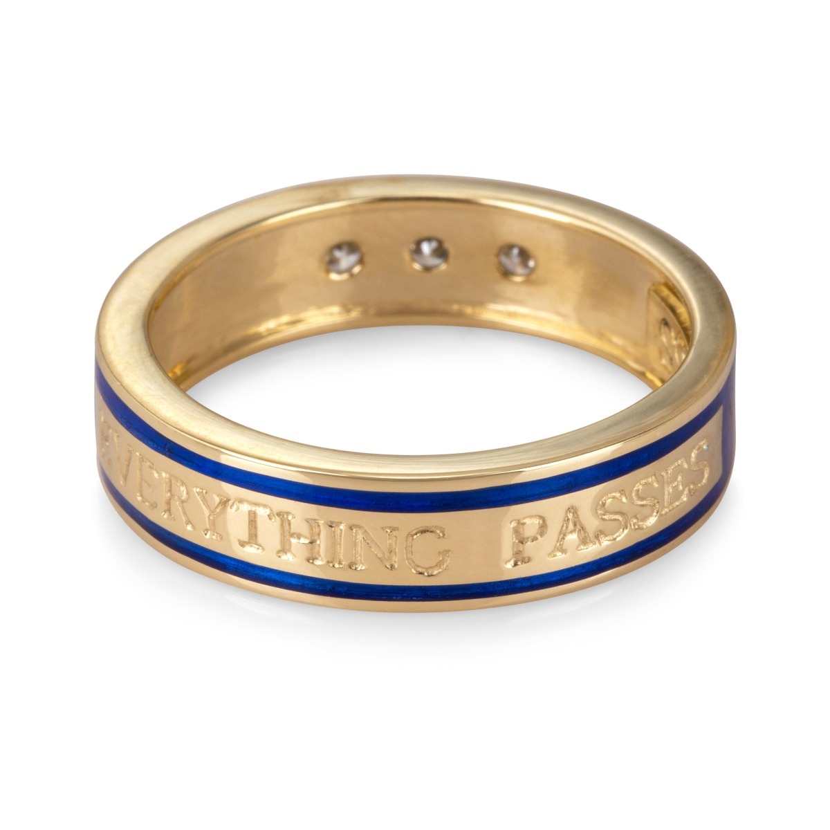 14K Yellow Gold and Blue Enamel "This Too Shall Pass" Men's Ring With Three White Diamonds (English) main product photo