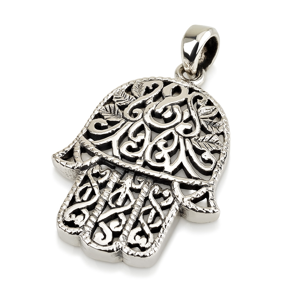 Large Sterling Silver Hamsa Pendant Necklace With Ornate Design main product photo