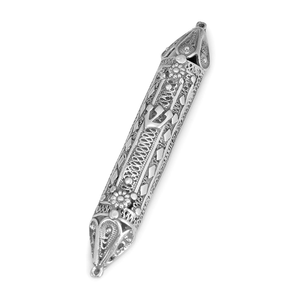 Traditional Yemenite Art Compact Handcrafted Sterling Silver Mezuzah Case With Filigree Design main product photo