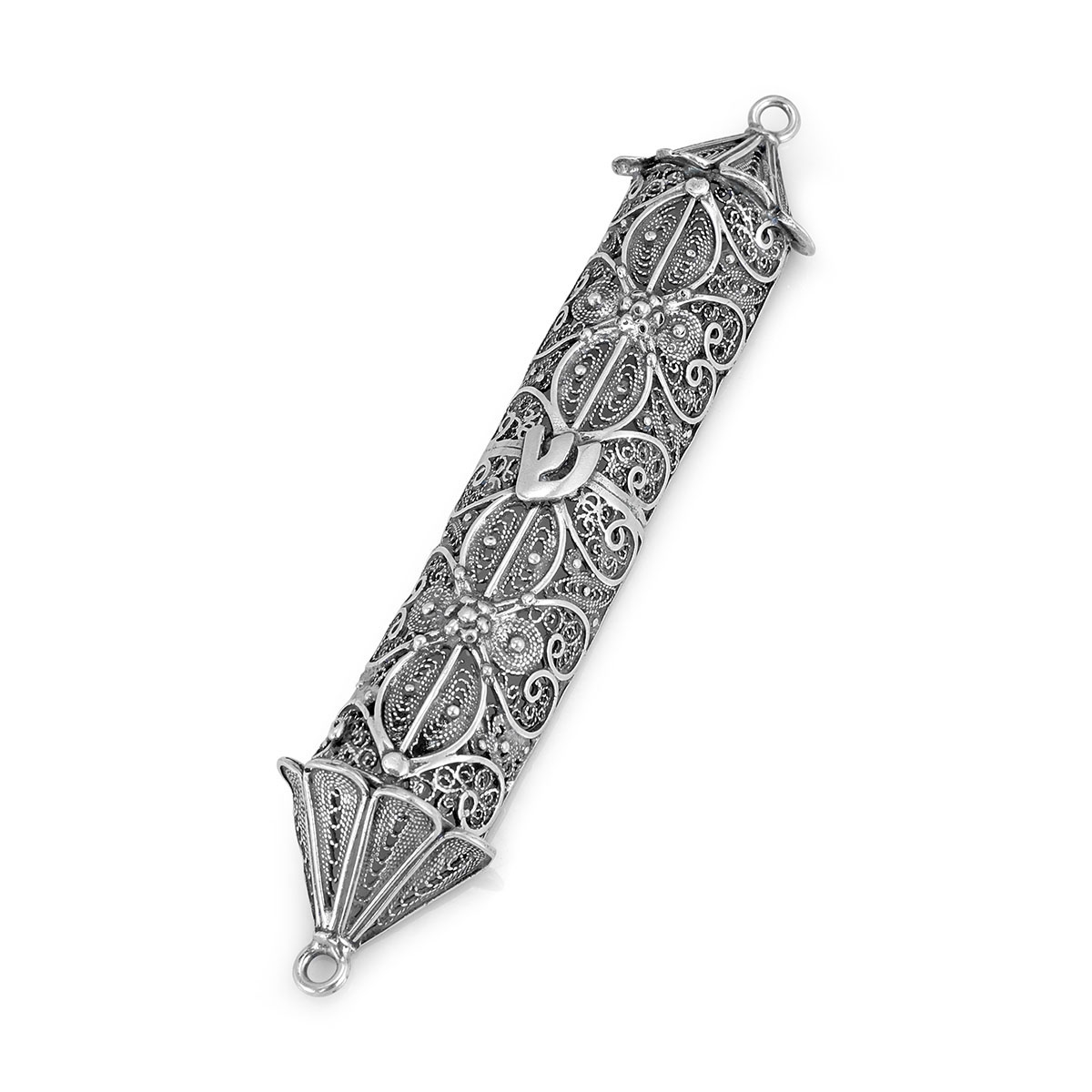Traditional Yemenite Art Deluxe Handcrafted Sterling Silver Mezuzah Case With Floral Filigree Design main product photo