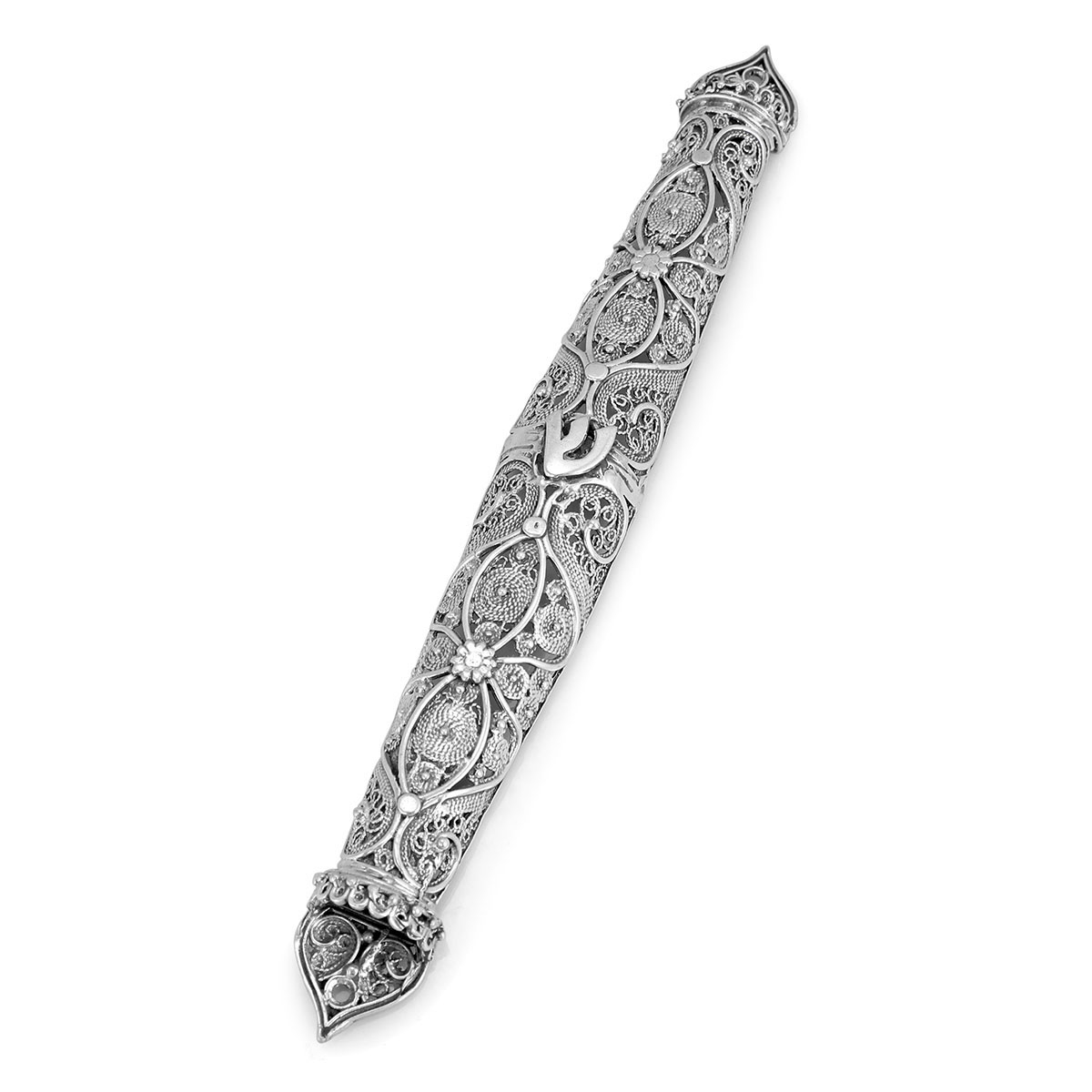 Traditional Yemenite Art Handcrafted Sterling Silver Mezuzah Case With Elaborate Floral Filigree Design main product photo
