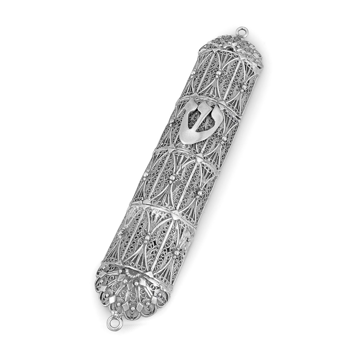 Traditional Yemenite Art Handcrafted Sterling Silver Mezuzah Case With Sectional Filigree Design main product photo