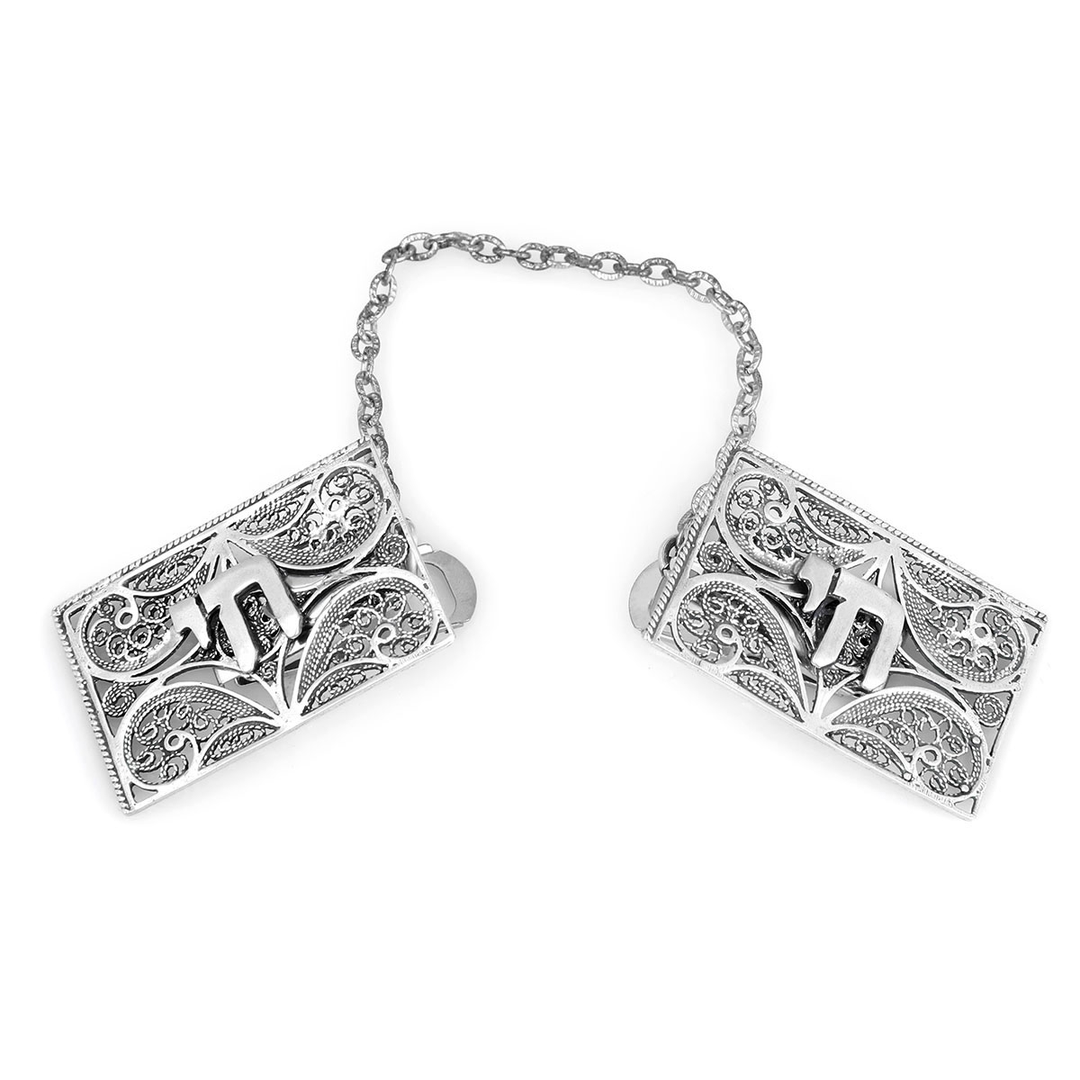 Traditional Yemenite Art Handcrafted Sterling Silver Tallit Clips With Chai Symbol main product photo