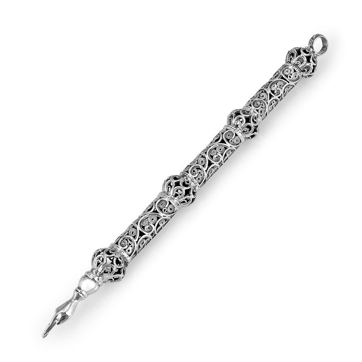 Traditional Yemenite Art Handcrafted Sterling Silver Torah Pointer With Crown-Accented Filigree Design main product photo