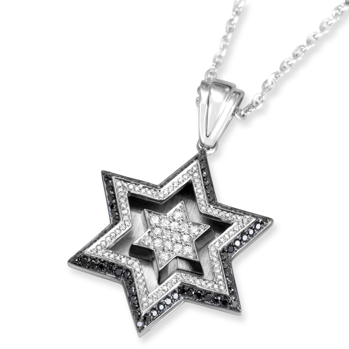 14K White Gold Double Star of David Pendant With 172 Black & White Diamonds main product photo