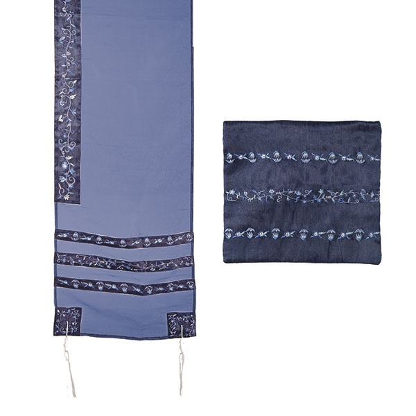 Yair Emanuel Organza Embroidered Stripes Tallit - Blue main product photo