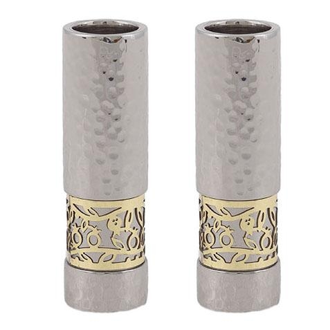 Yair Emanuel Hammered Anodized Aluminium Pomegranate & Floral Cylinder Candlesticks main product photo