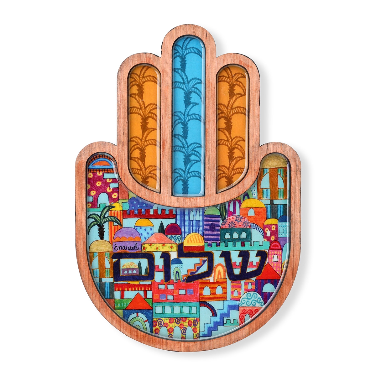 Yair Emanuel Large Double-Layered Shalom Jerusalem Wood Hamsa main product photo