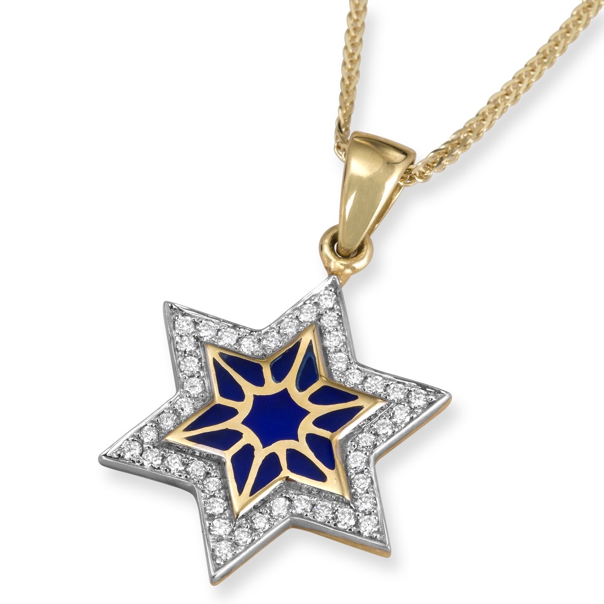 Chic 14K Yellow Gold and Blue Enamel Star of David Pendant With 42 Diamonds main product photo