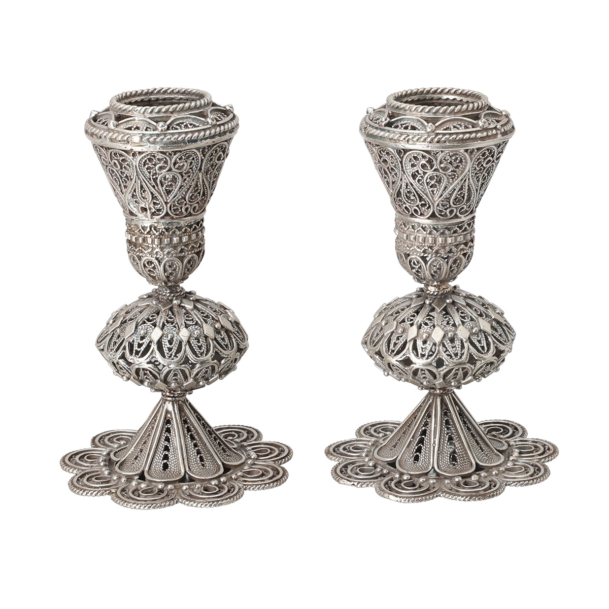 Traditional Yemenite Art Large Handcrafted Sterling Silver Shabbat Candle Holders and Filigree Design main product photo