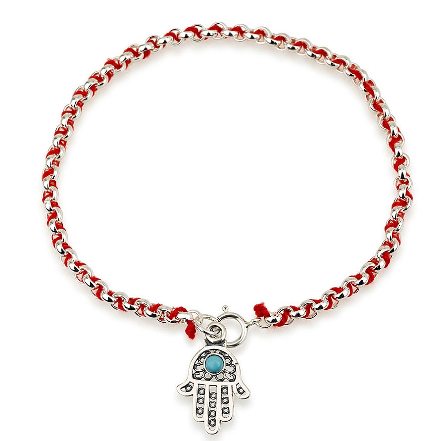 Red String Silver Hamsa Bracelet with Blue Gem Stone main product photo
