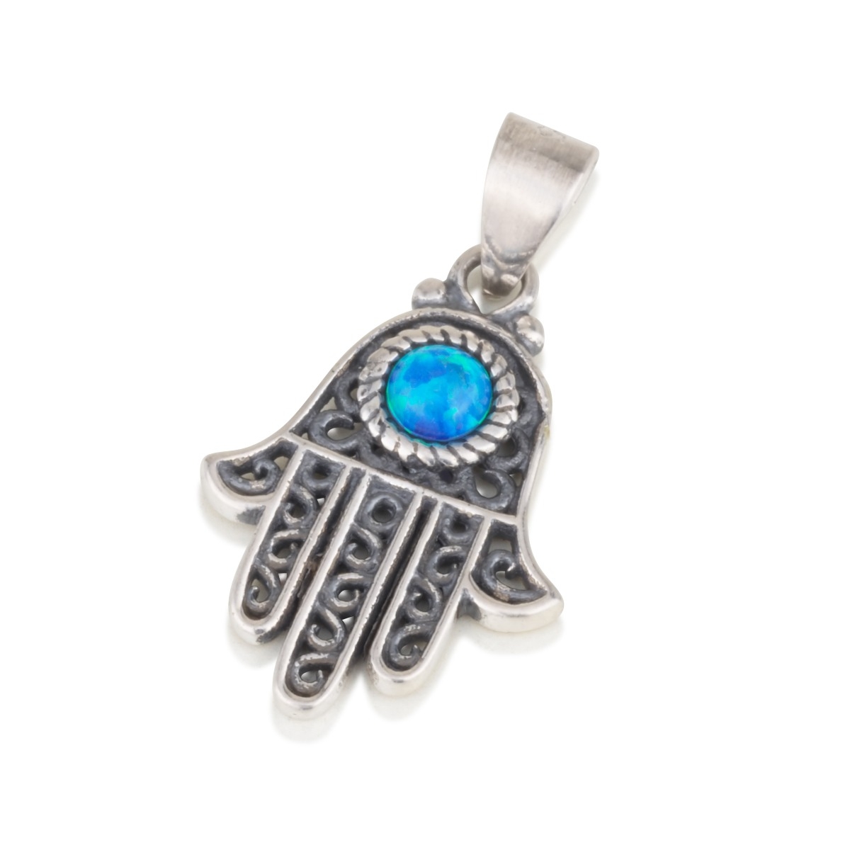 Ornate Sterling Silver Hamsa Pendant Necklace With Opal Stone main product photo