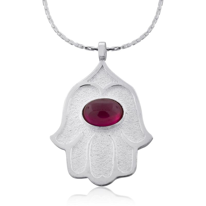 Sterling Silver Hamsa Necklace with Ruby Stone - 2