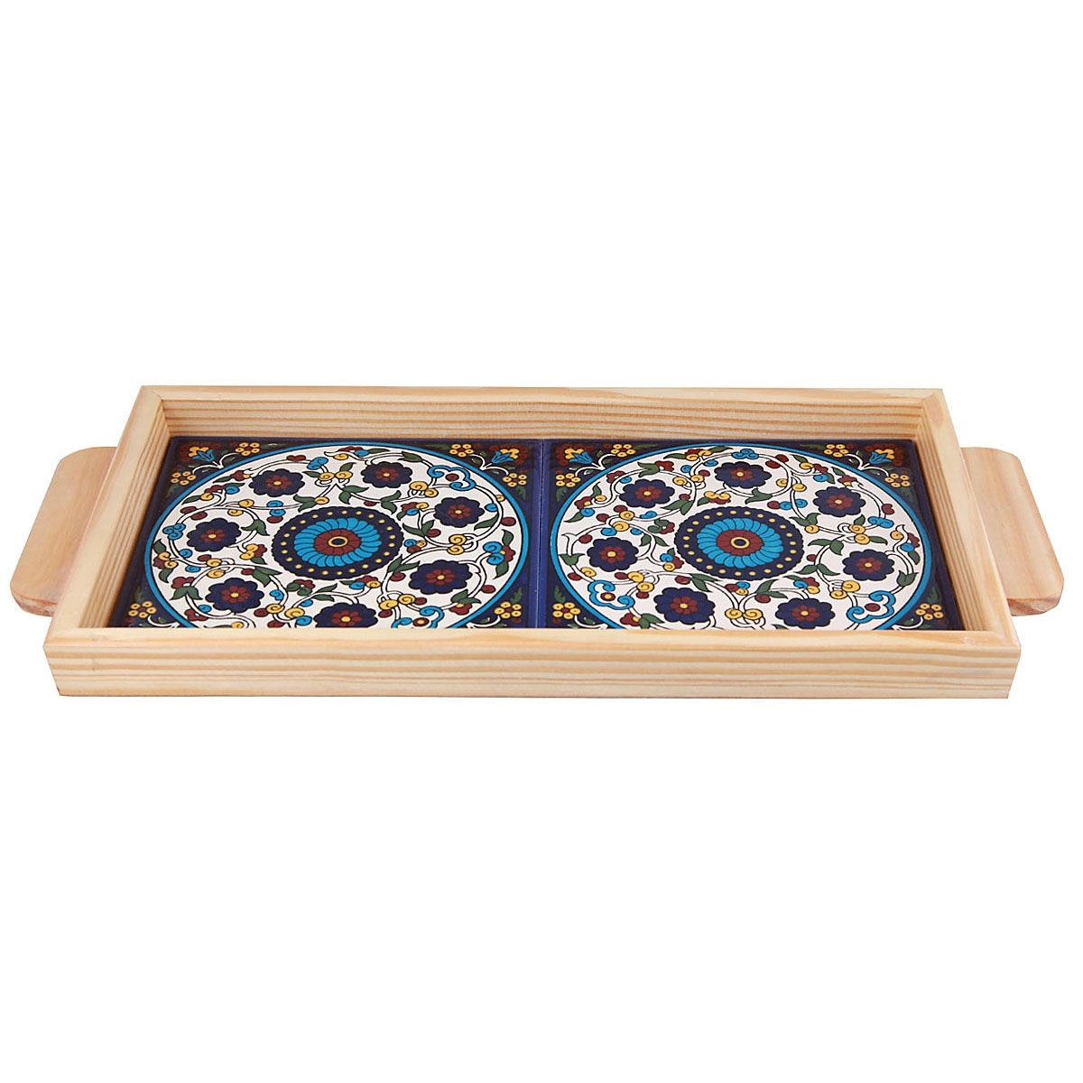  Armenian Ceramic & Wooden Tray. Colorful Pretty Flowers (Rings - A) - 1