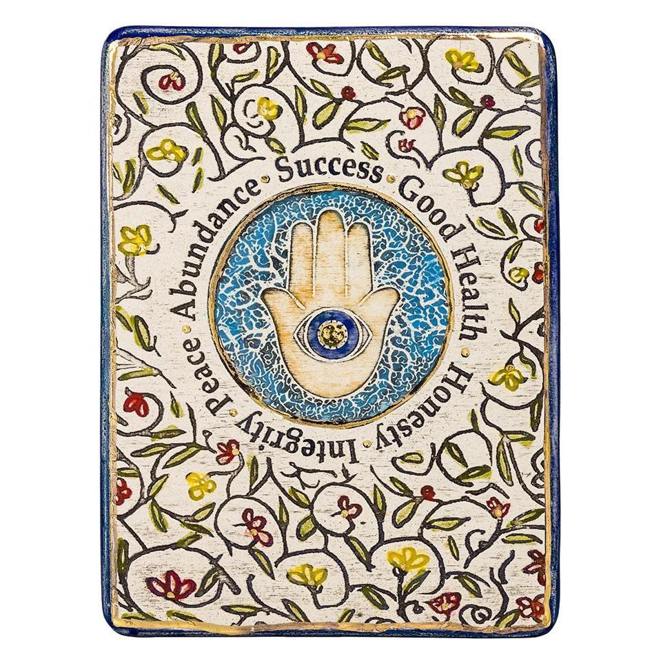 Art in Clay Limited Edition Handmade Floral Ceramic Hamsa and Blessings Plaque Wall Hanging with 24K Gold Border - 1