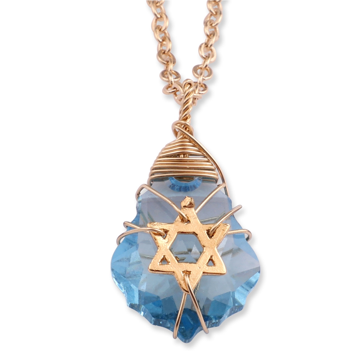 Blue Crystal Star of David Necklace with Gold Filled Wire Wrapping - 1