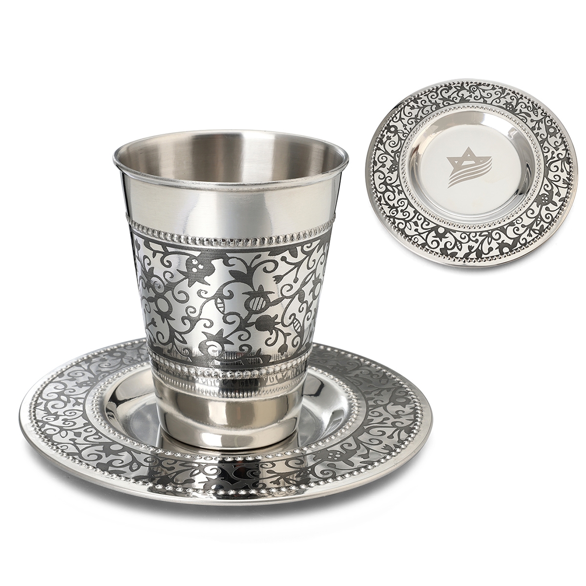 Personalized Pomegranate Stainless Steel Kiddush Cup and Saucer  - 1
