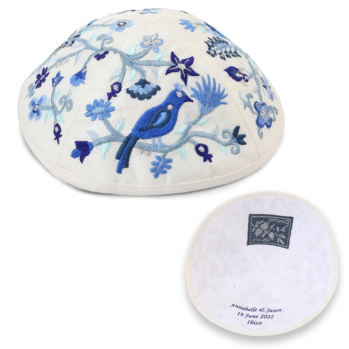 Personalized Embroidered Silk Kippah - Pomegranates and Birds  - 1