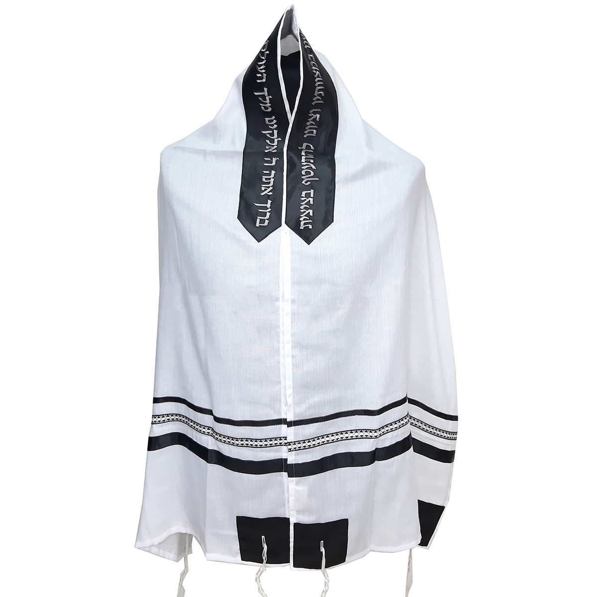 Ronit Gur Black and Gray Stripes and Pattern Tallit with Blessing Set with Kippah and Bag - 1