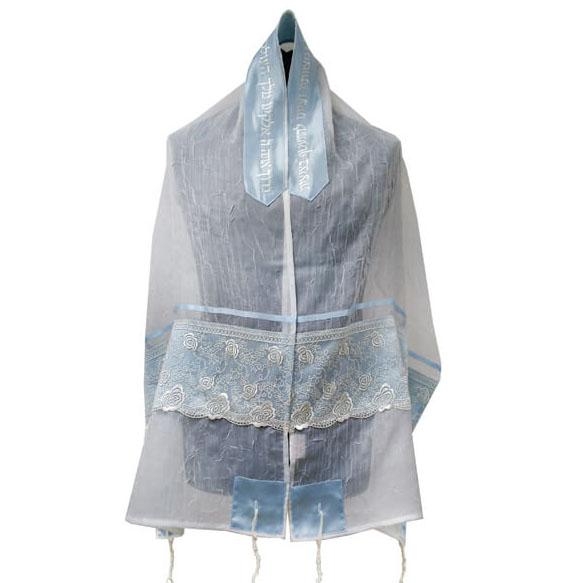 Ronit Gur White & Light Blue with Floral Lace Women's Tallit  - 1