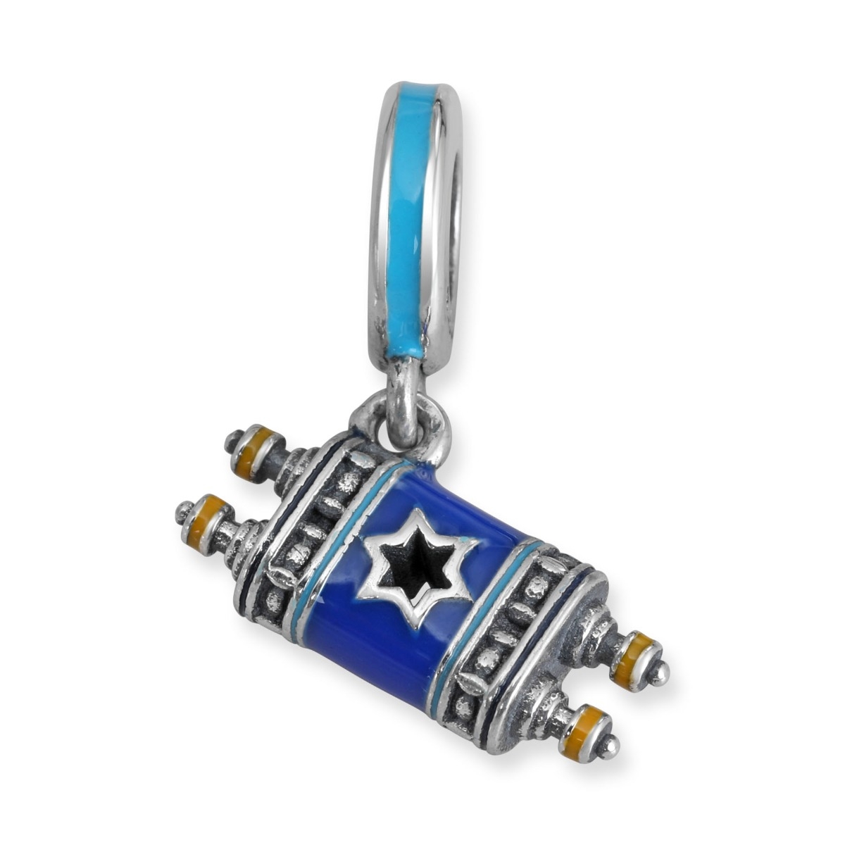 Sterling Silver Torah Scroll Pendant Charm with Vibrant Blue Enamel - 1