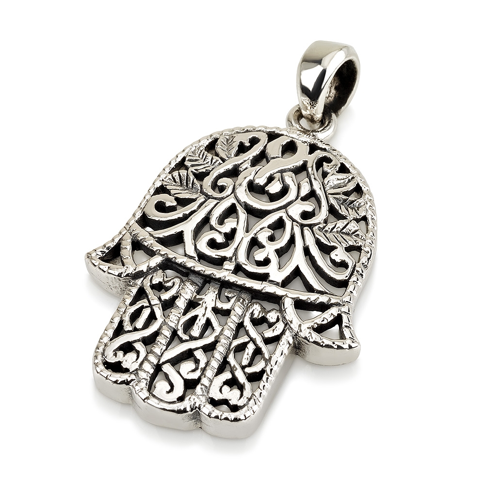 Large Sterling Silver Hamsa Pendant Necklace With Ornate Design - 1