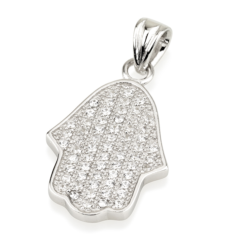 Sterling Silver Hamsa Pendant Necklace With Zircon Stones - 2