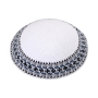 High-Quality Large Knitted White Kippah with Black, Gray and Blue Border - 1