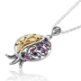 Large Gold and Silver Filigree Pomegranate Necklace with Ruby and Sapphire Gemstones - 2